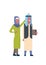 Arabic sister hold horns brother books full length avatar on white background, successful family concept, flat cartoon