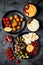 Arabic traditional cuisine. Middle Eastern meze platter with pita, olives, hummus, stuffed dolma, labneh cheese balls, falafel.