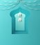 Arabic window, hanging lamp and ribbon on blue pastel background.