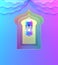 Arabic window, hanging lamp and ribbon on blue pink violet yellow green gradient background.