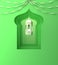 Arabic window, hanging lamp and ribbon on green pastel background.