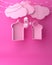 Arabic window, ribbon, cloud, crescent, star and hanging lamp on pink pastel background.