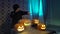 Arabic woman in abaya celebrate halloween with scared funny pumpkins. Witch conjures a steaming pumpkin, casts a spell