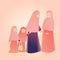 Arabic woman carrying shopping bags with families kids meet friends, wearing abaya and hijab.