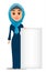 Arabic woman standing near big blank sign. Cute businesswoman cartoon character.