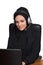 Arabic woman, traditional dressed, working as a technical support