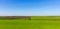 Arable land and green grass fields on clear blue sky. Panorama landscape. Green meadows.
