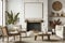 Arafed living room with a fireplace, chairs, and a table, Art canvas mockup