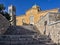 Arahova, Parnassos, Greece, stone steps lead to Agios Georgios & x28;Saint George& x29; church under deep blue sky