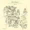 Arambol beach village, Goa, India. Houses and palm trees. Hand drawn postcard