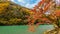 Arashiyama in autumn season along the river in Kyoto, Japan