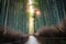 Arashiyama Bamboo Grove forest and famous path in Kyoto Japan. Soft morning shot golden hour with sun bursting through the bamboo