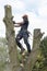 Arborist cutting a tall tree stem