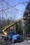 Arborists cut branches of a tree with chainsaw using truck-mounted lift