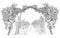 Arc from of grapevine with landscape of vineyard background. Hand drawn horizontal sketch vector illustration isolated on white