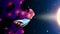 Arcade space ship flying near the blue nebula or space cloud in space landscape. 80s style sci-fi synthwave or retrowave