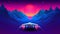 Arcade space ship flying to the sun in blue corridor or canyon landscape with 3D mountains, 80s style synthwave or retrowave