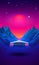 Arcade space ship flying to the sun over the blue landscape with 3D mountains. 80s style sci-fi synthwave or retrowave