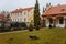 Arcades of castle Libochovice with French style park and garden, Romantic baroque chateau in winter day, Litomerice district,