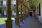 Arcades in large central courtyard in renaissance castle BuÄovice, South Moravia, Czech Republic