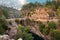 arch bridge over the Koprucay river gorge in Koprulu national Park in Turkey. Panoramic scenic view of the canyon and blue