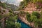 Arch bridge over the Koprucay river gorge in Koprulu national Park in Turkey. Panoramic scenic view of the canyon and blue