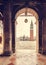 Arch columns on Saint Mark square with basilica in Venice, Italy