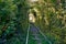 The Arch of Love in South Ural, Russia. Autumn yellow and green tunnel of trees in the forest . Tunnel of love. Rails go