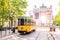 Arch of Peace view with nostalgic yellow tram