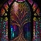 Arch stained glass window with magic tree. Generative AI. Not based on any actual scene or pattern