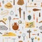 Archaeological ancient finds and tools seamless pattern. Prehistoric research and antique finds ancient weapons and