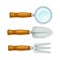 Archaeological excavation tools. Magnifying glass, scoop and rake vector illustration