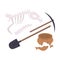 Archaeological Excavation Tools and Prehistoric Fossils, Pickaxe, Shove, Animal Skeleton, Ceramic Crocks Flat Vector