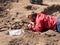 Archaeologist carefully digs up human bones