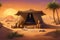 an archaeologist\\\'s tent, standing steadfastly amidst a fantasy ai-generated-desert