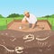 Archaeology character. Man discovery underground geology digging dinosaur bones in soil layers history landscape vector
