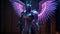 archangel with 6 wings, full body, intricate purple and blue neon armor, cinematic lighting, 4k, wallpaper, Generative AI