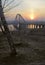 Arched bridge with birch at dawn - vertically