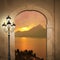 Arched door and sunset lake, romantic mood