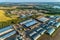 Arched hangars, a large storage for agricultural products. View from above