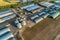 Arched hangars, a large storage for agricultural products. View from above