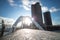 Arched pedestrian bridge covered in snow and ice -- Humber Bay Arch Bridge