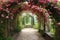 arched walkway with climbing roses in a monastery garden