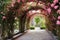 arched walkway with climbing roses in a monastery garden