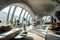 Arched window and terra cotta armchairs in apartment with concrete walls and ceiling. Interior design of modern living room.