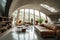 Arched window and terra cotta leather sofa in apartment. Interior design of modern living room. Created with generative AI