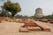 Archeological landmark with ruins of old monastery and Buddhist Dhamek stupa