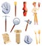 Archeology icon set. Ancient artifacts with images of digging tools and elements of antiquity. Archeology explorer