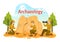 Archeology Illustration with Archaeological Excavation of ancient Ruins, Artifacts and Dinosaurs Fossil in Flat Cartoon Hand Drawn