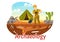 Archeology Illustration with Archaeological Excavation of ancient Ruins, Artifacts and Dinosaurs Fossil in Flat Cartoon Hand Drawn